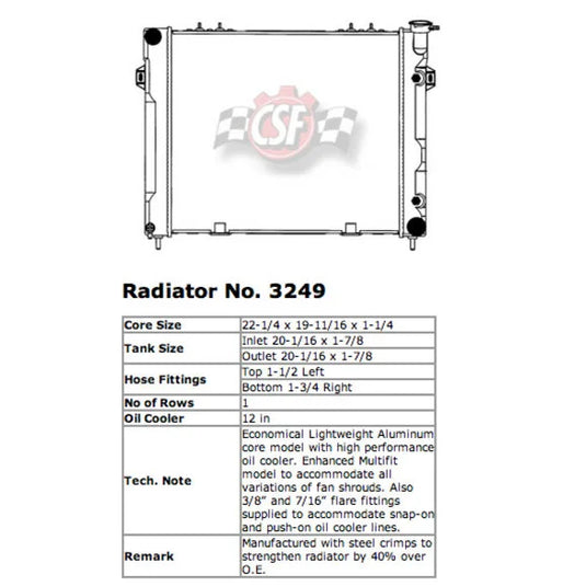 CSF 3249 OE Replacement Radiator with Plastic Tank & Aluminum Core for 93-98 Jeep Grand Cherokee ZJ with 5.2L