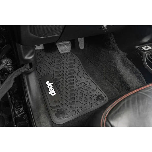 FlexTread Tire Tread/Scorched Earth Scene Front & Rear Floor Liners with JEEP Logo for 20-24 Jeep Gladiator JT