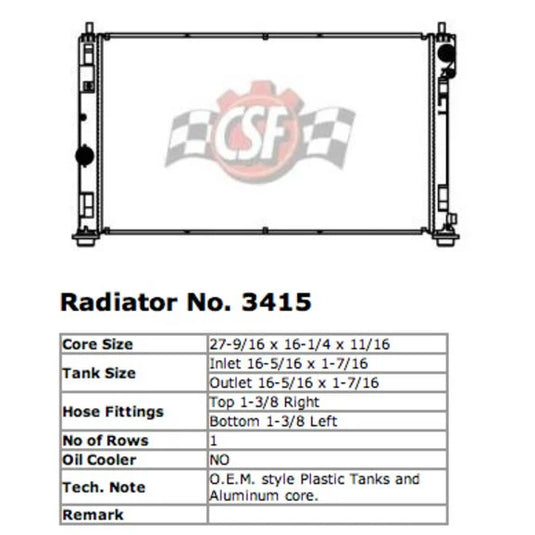 CSF 3415 OE Replacement Radiator with Plastic Tank & Aluminum Core for 07-16 Jeep Compass & 07-17 Patriot MK with 2.0L/2.4L