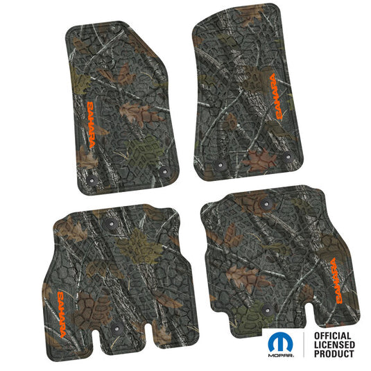 FlexTread Tire Tread/Scorched Earth Scene Front & Rear Floor Liners with SAHARA Logo for 18-24 Jeep Wrangler JL Unlimited 4-Door