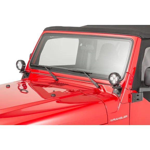 Load image into Gallery viewer, Quadratec 4&quot; Round LED Lights with Wiring Harness &amp; Windshield Mount Brackets for 97-06 Jeep Wrangler TJ &amp; Unlimited
