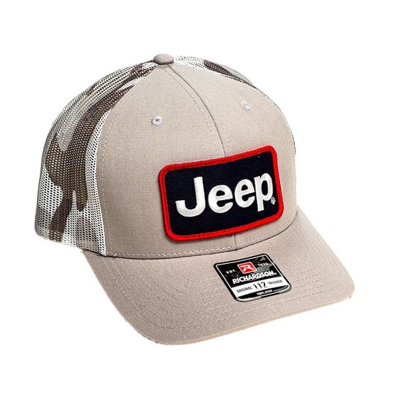 Load image into Gallery viewer, Jeep Merchandise Jeep Heather Grey and Camo Trucker Patch Hat
