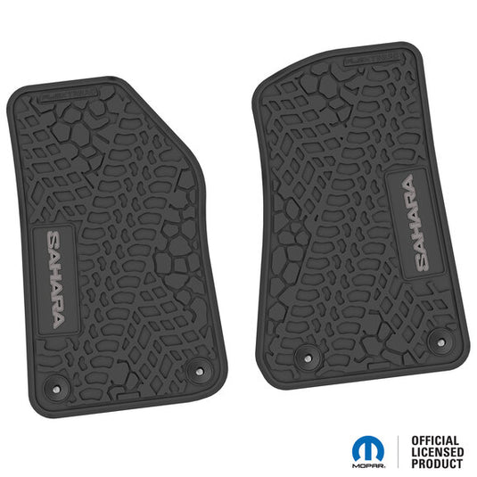 FlexTread Tire Tread/Scorched Earth Scene Front Floor Liners with SAHARA Logo for 18-24 Jeep Wrangler JL & Gladiator JT