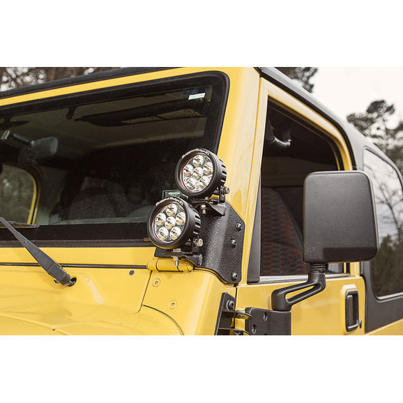 Load image into Gallery viewer, Rugged Ridge 11232.37 A-Pillar Light Mount Brackets Kit with 3.5&quot; Round LED Lights for 97-06 Jeep Wrangler TJ
