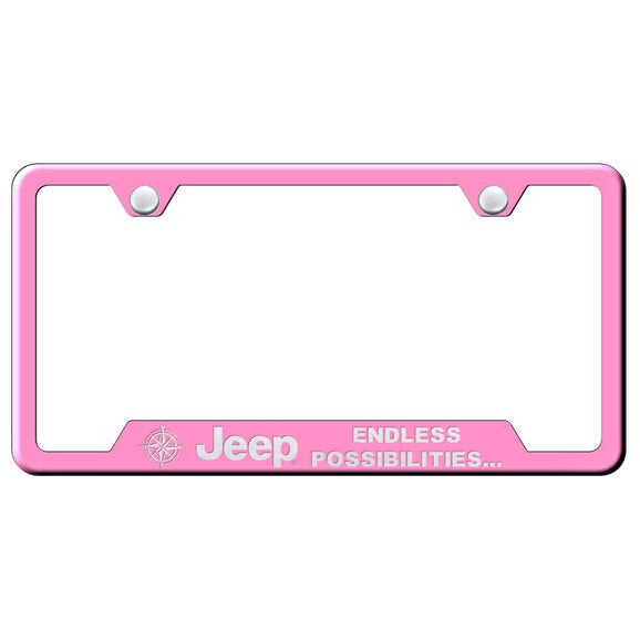 Load image into Gallery viewer, Automotive Gold Laser Etched Stainless Jeep Endless Possibilities Cut-Out License Plate Frame
