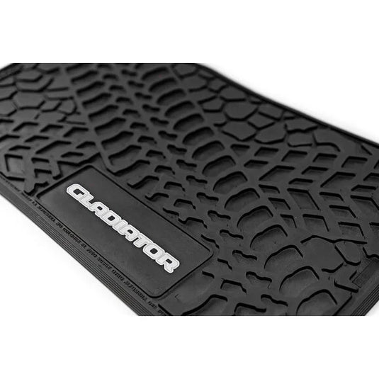 FlexTread Tire Tread/Scorched Earth Scene Front & Rear Floor Liners with GLADIATOR Logo for 20-24 Jeep Gladiator JT