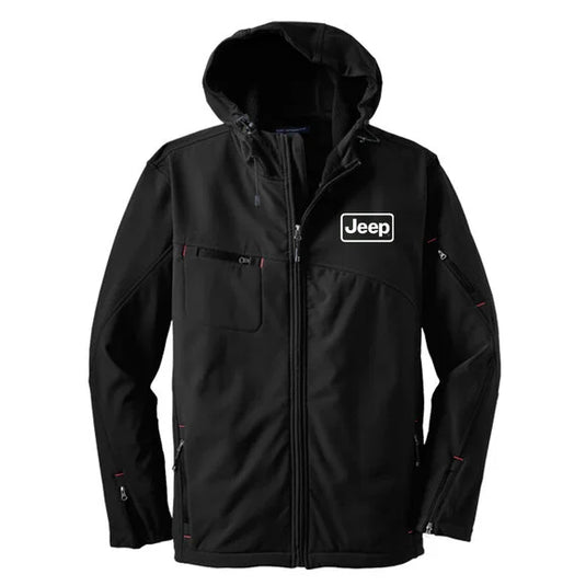 Jeep Merchandise Mens Jeep Rectangle Logo Hooded Softshell Jacket in Black