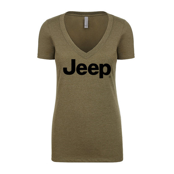 Load image into Gallery viewer, Jeep Merchandise Women&#39;s Jeep Logo Short Sleeve V-Neck T-Shirt in Military Green
