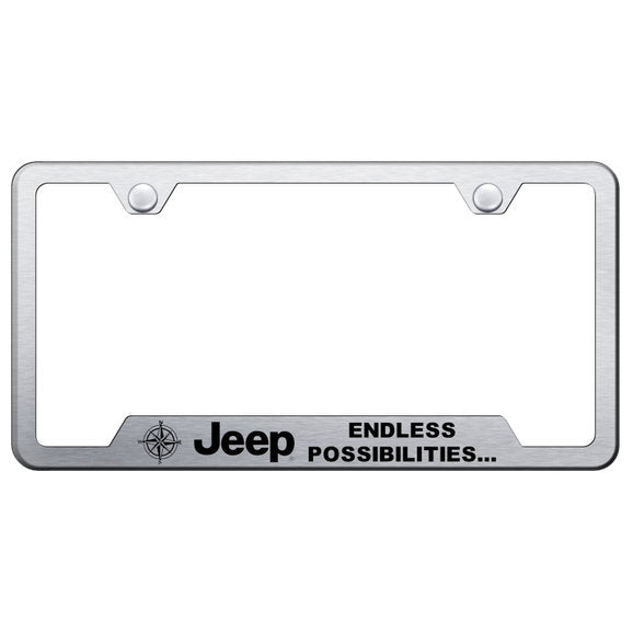 Load image into Gallery viewer, Automotive Gold Laser Etched Stainless Jeep Endless Possibilities Cut-Out License Plate Frame
