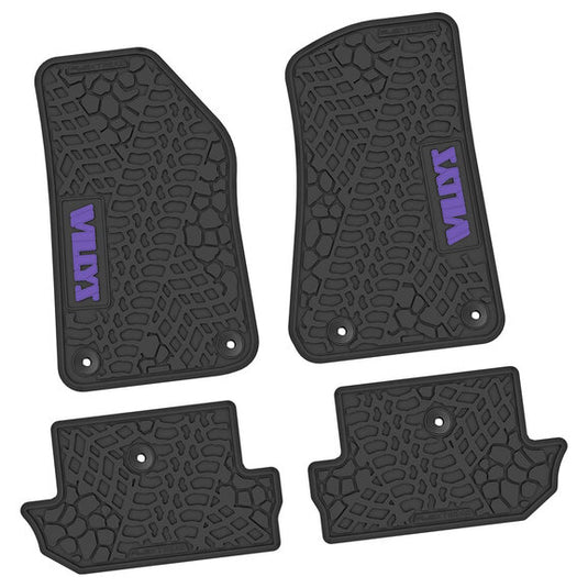 FlexTread Tire Tread/Scorched Earth Scene Front & Rear Floor Liners with WILLYS Logo for 18-23 Jeep Wrangler JL