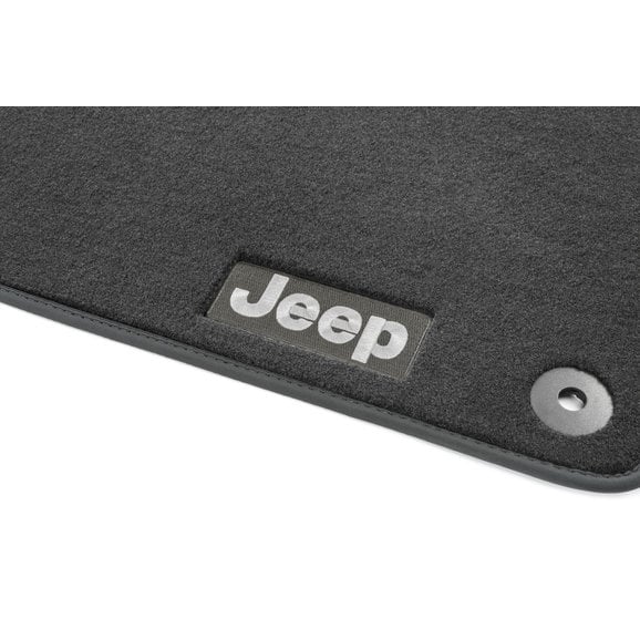 Load image into Gallery viewer, Mopar 82215200AC 4pc Carpeted Jeep Logo Floor Mats in Black for 18-24 Jeep Wrangler JL 2-Door
