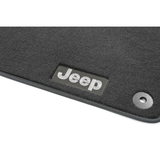 Mopar 82215200AC 4pc Carpeted Jeep Logo Floor Mats in Black for 18-24 Jeep Wrangler JL 2-Door