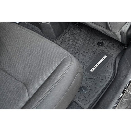 FlexTread Tire Tread/Scorched Earth Scene Front & Rear Floor Liners with GLADIATOR Logo for 20-24 Jeep Gladiator JT