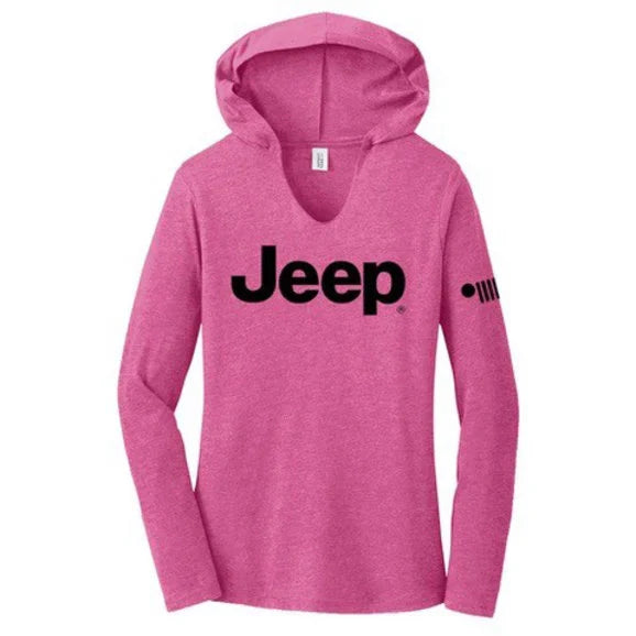 Load image into Gallery viewer, Jeep Merchandise Ladies Jeep Text Triblend Hooded Pullover in Lotus Pink Heather
