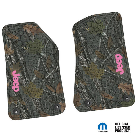 FlexTread Tire Tread/Scorched Earth Scene Front Floor Liners with JEEP Logo for 18-24 Jeep Wrangler JL & Gladiator JT