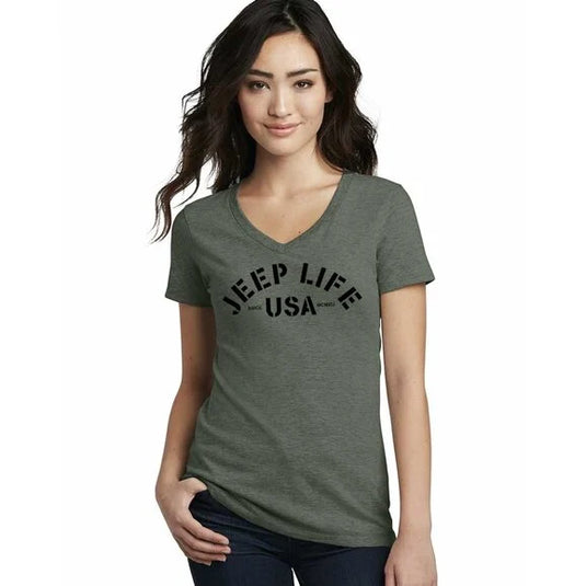 Jeep Merchandise Ladies Jeep Life V-Neck in Military Green