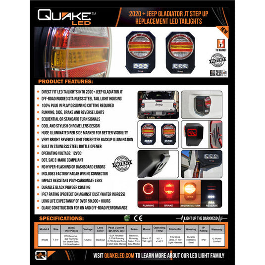 Quake LED QTE1025 Step up LED Tail Lights for 20-24 Jeep Gladiator JT