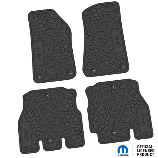 FlexTread Tire Tread/Scorched Earth Scene Front & Rear Floor Liners with JEEP Logo for 18-24 Jeep Wrangler JL Unlimited 4-Door