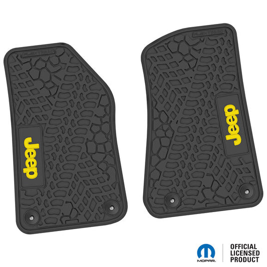 FlexTread Tire Tread/Scorched Earth Scene Front Floor Liners with JEEP Logo for 18-24 Jeep Wrangler JL & Gladiator JT