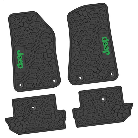 FlexTread Tire Tread/Scorched Earth Scene Front & Rear Floor Liners with JEEP Logo for 18-24 Jeep Wrangler JL 2-Door