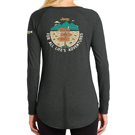 Jeep Merchandise Ladies Jeep For All Life's Adventures Long Sleeve Tunic T-shirt in Heather Black