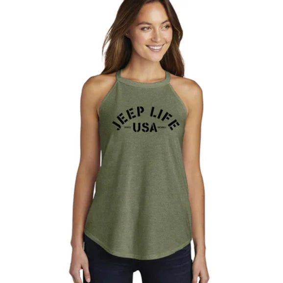 Load image into Gallery viewer, Jeep Merchandise Ladies Jeep Life Rocker Tank Top in Military Green Triblend
