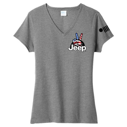 Jeep Merchandise Ladies Jeep Wave USA V-Neck T-Shirt in Heather Grey