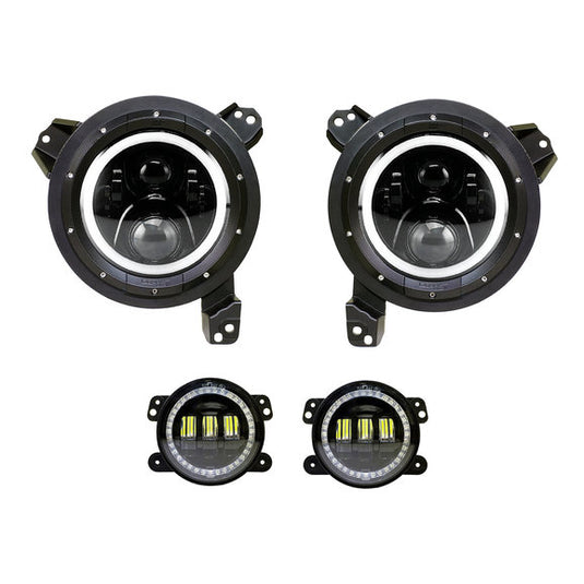 Quake LED QTE962 Halo 9" LED Headlights & Fog Lights with DRL for 18-24 Jeep Wrangler JL & Gladiator JT