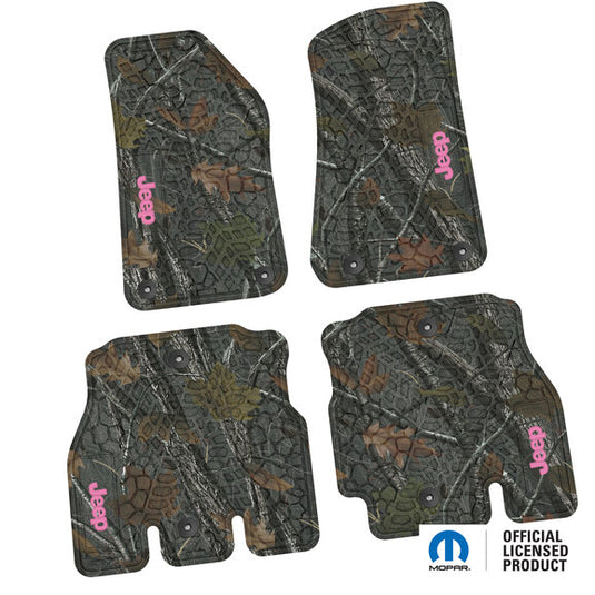 FlexTread Tire Tread/Scorched Earth Scene Front & Rear Floor Liners with JEEP Logo for 18-24 Jeep Wrangler JL Unlimited 4-Door