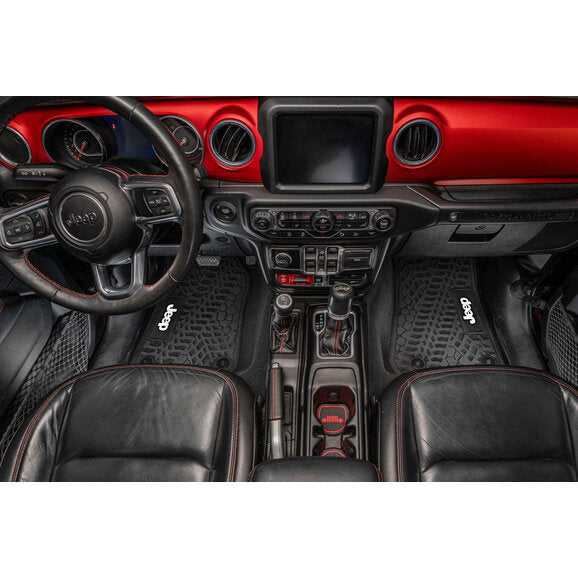 Load image into Gallery viewer, FlexTread Tire Tread/Scorched Earth Scene Front &amp; Rear Floor Liners with JEEP Logo for 18-24 Jeep Wrangler JL Unlimited 4-Door
