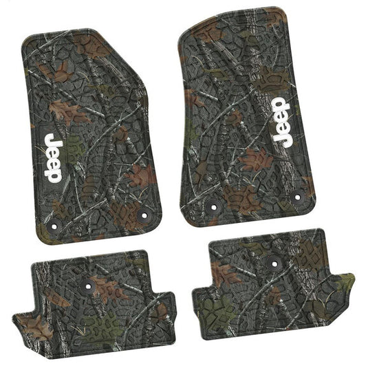 FlexTread Tire Tread/Scorched Earth Scene Front & Rear Floor Liners with JEEP Logo for 18-24 Jeep Wrangler JL 2-Door