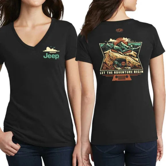 Jeep Merchandise Ladies Jeep Dunes V-neck T-Shirt in Black