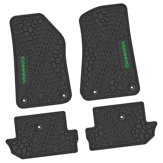 FlexTread Tire Tread/Scorched Earth Scene Front & Rear Floor Liners with SAHARA Logo for 18-24 Jeep Wrangler JL 2-Door