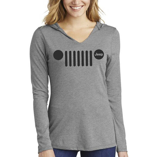 Jeep Merchandise Ladies Jeep Grille Text Triblend Hooded Pullover in Grey Heather