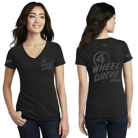 Jeep Merchandise Women's Jeep Willys 4WD V-Neck T-Shirt in Black