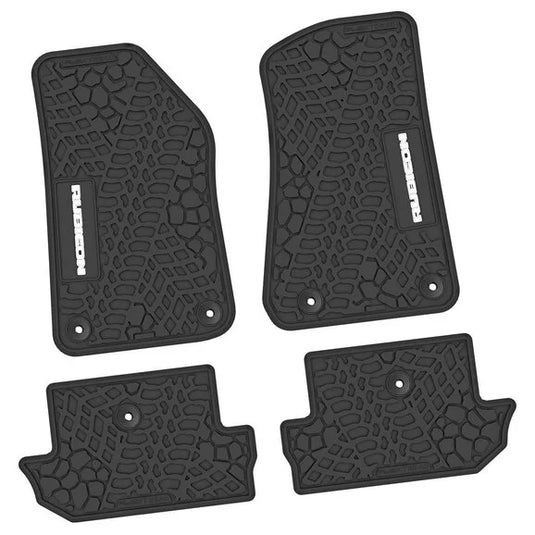 FlexTread Tire Tread/Scorched Earth Scene Front & Rear Floor Liners with RUBICON Logo for 18-24 Jeep Wrangler JL 2-Door