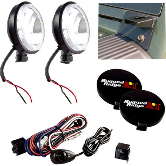 Rugged Ridge 12496.04 5 Piece Windshield Light Mount Kit with Slim Fog Lights in Black for 07-18 Jeep Wrangler JK