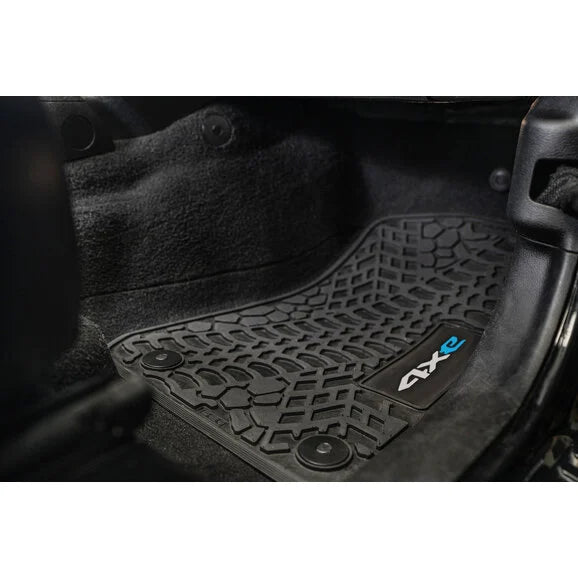 Load image into Gallery viewer, FlexTread Tire Tread/Scorched Earth Scene Front &amp; Rear Floor Liners with 4XE Logo for 21-24 Jeep Wrangler JL Unlimited 4xe
