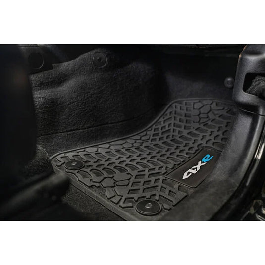 FlexTread Tire Tread/Scorched Earth Scene Front & Rear Floor Liners with 4XE Logo for 21-24 Jeep Wrangler JL Unlimited 4xe