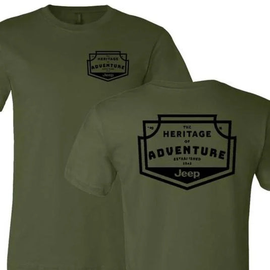 Jeep Merchandise Mens Heritage of Adventure Badge Short Sleeve T-Shirt in Olive Green