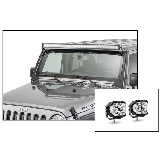 Quadratec Windshield Light Bar Brackets with J5 LED Light Bar & Carnivore J-Series Auxiliary Pod Lights for 07-18 Jeep Wrangler JK