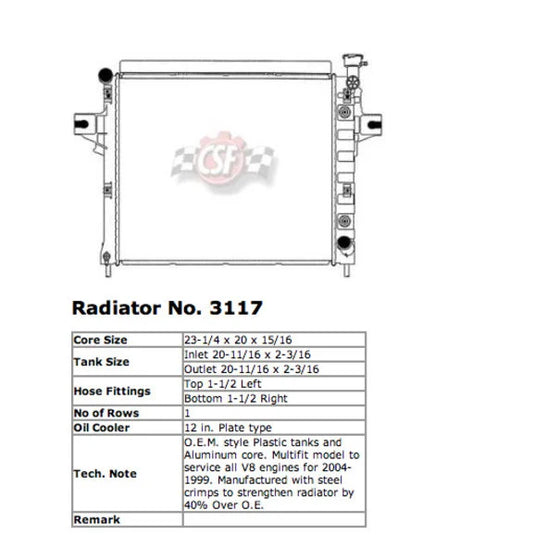 CSF 3117 OE Replacement Radiator with Plastic Tank & Aluminum Core for 99-04 Jeep Grand Cherokee WJ 4.7L