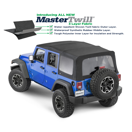 MasterTop Replacement Soft Top with Tinted Windows in MasterTwill® Fabric for 07-18 Jeep Wrangler JK 4 Door