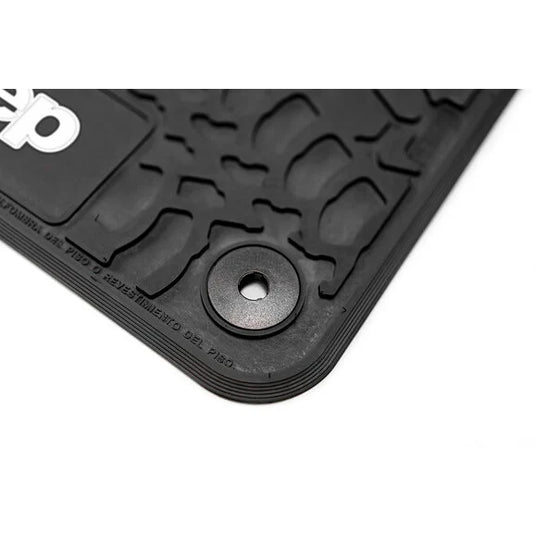 FlexTread Tire Tread/Scorched Earth Scene Front Floor Liners with JEEP Logo for 18-24 Jeep Wrangler JL & Gladiator JT