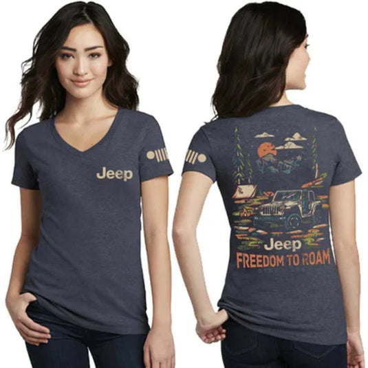 Jeep Merchandise Ladies Freedom to Roam V-Neck T-Shirt in Navy Blue