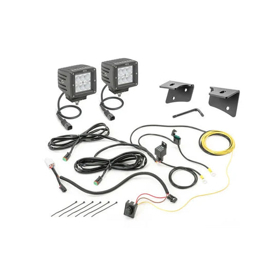 Quadratec 3" Cube LED with Wiring Harness, Windshield Mounting Brackets & Daystar Switch Pillar with Switches for 07-18 Jeep Wrangler JK