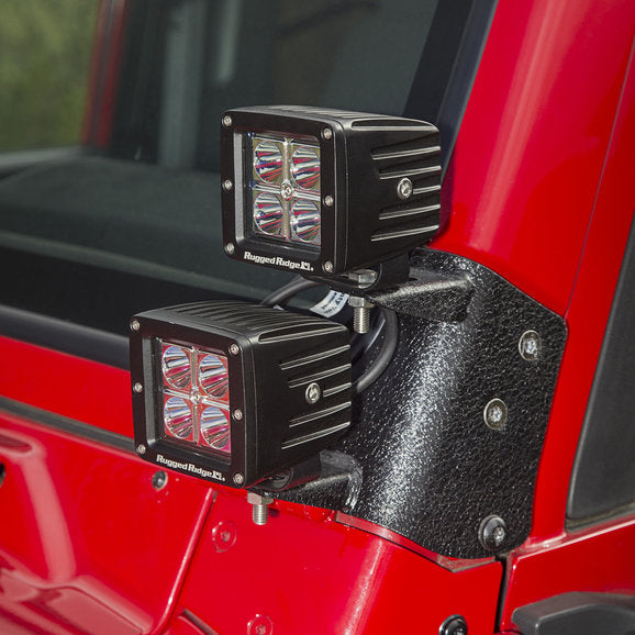 Load image into Gallery viewer, Rugged Ridge 11232.38 A-Pillar Light Mount Brackets Kit with 3&quot; Square LED Lights for 97-06 Jeep Wrangler TJ &amp; Unlimited
