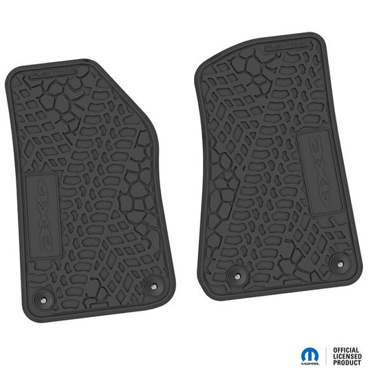 FlexTread Tire Tread/Scorched Earth Scene Front Liners with 4XE Logo for 18-24 Jeep Wrangler JL