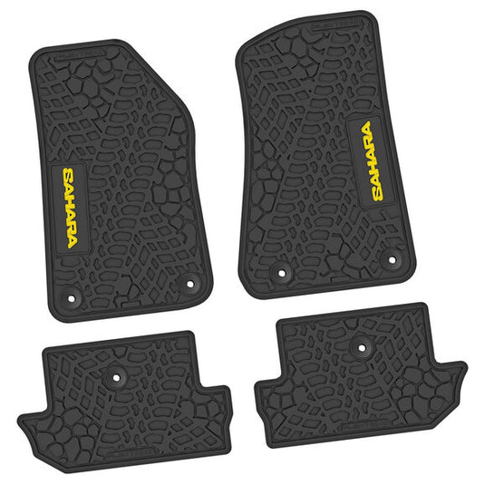 FlexTread Tire Tread/Scorched Earth Scene Front & Rear Floor Liners with SAHARA Logo for 18-24 Jeep Wrangler JL 2-Door