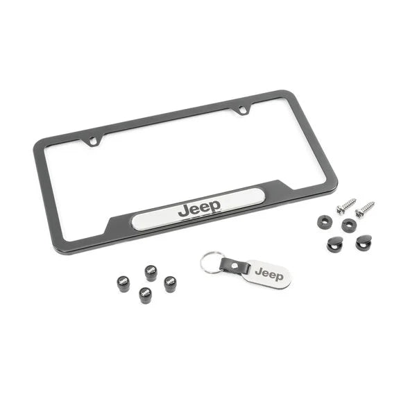 Mopar Jeep Logo License Plate Frame, Valve Stems, and Key Chain Gift Set